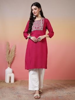 Jaipur Kurti - Floral Embroidered A-Line Kurta - Magenta