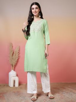 Jaipur Kurti - Solid Embroidered Straight Kurta - Green