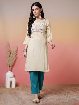 Jaipur Kurti - Solid Embroidered Straight Kurta - Beige