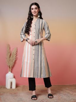 Jaipur Kurti - Striped Printed Straight Pure Cotton Kurta - Peach