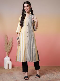 Jaipur Kurti - Striped Printed Straight Pure Cotton Kurta - Yellow