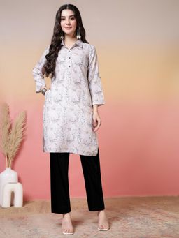 Jaipur Kurti - Floral Printed Straight Kurta - Beige