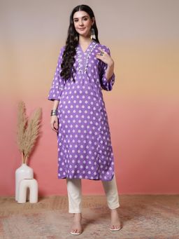 Jaipur Kurti - Floral Embroidered A-Line Kurta - Lavender