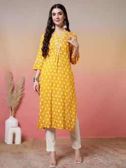 Jaipur Kurti - Floral Embroidered A-Line Kurta - Yellow