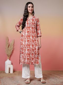 Jaipur Kurti - Floral Embroidered A-Line Kurta - Rust