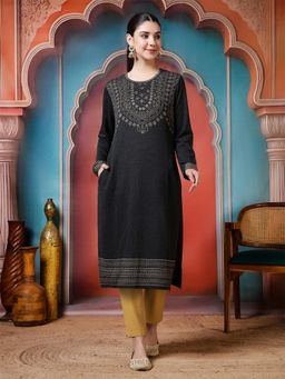 Jaipur Kurti - Floral Woven Design Straight Kurta - Black