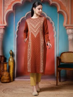 Jaipur Kurti - Floral Woven Design Straight Kurta - Rust