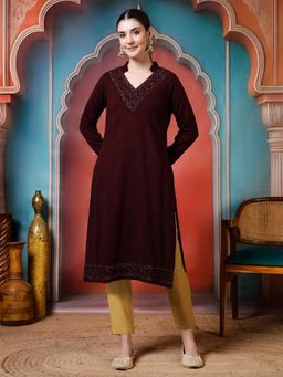 Jaipur Kurti - Floral Embroidered Straight Wool Blend Kurta - Wine
