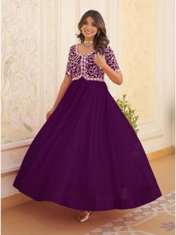Wedani - Purple Embroidered Georgette Anarkali Gown with Short Sleeves