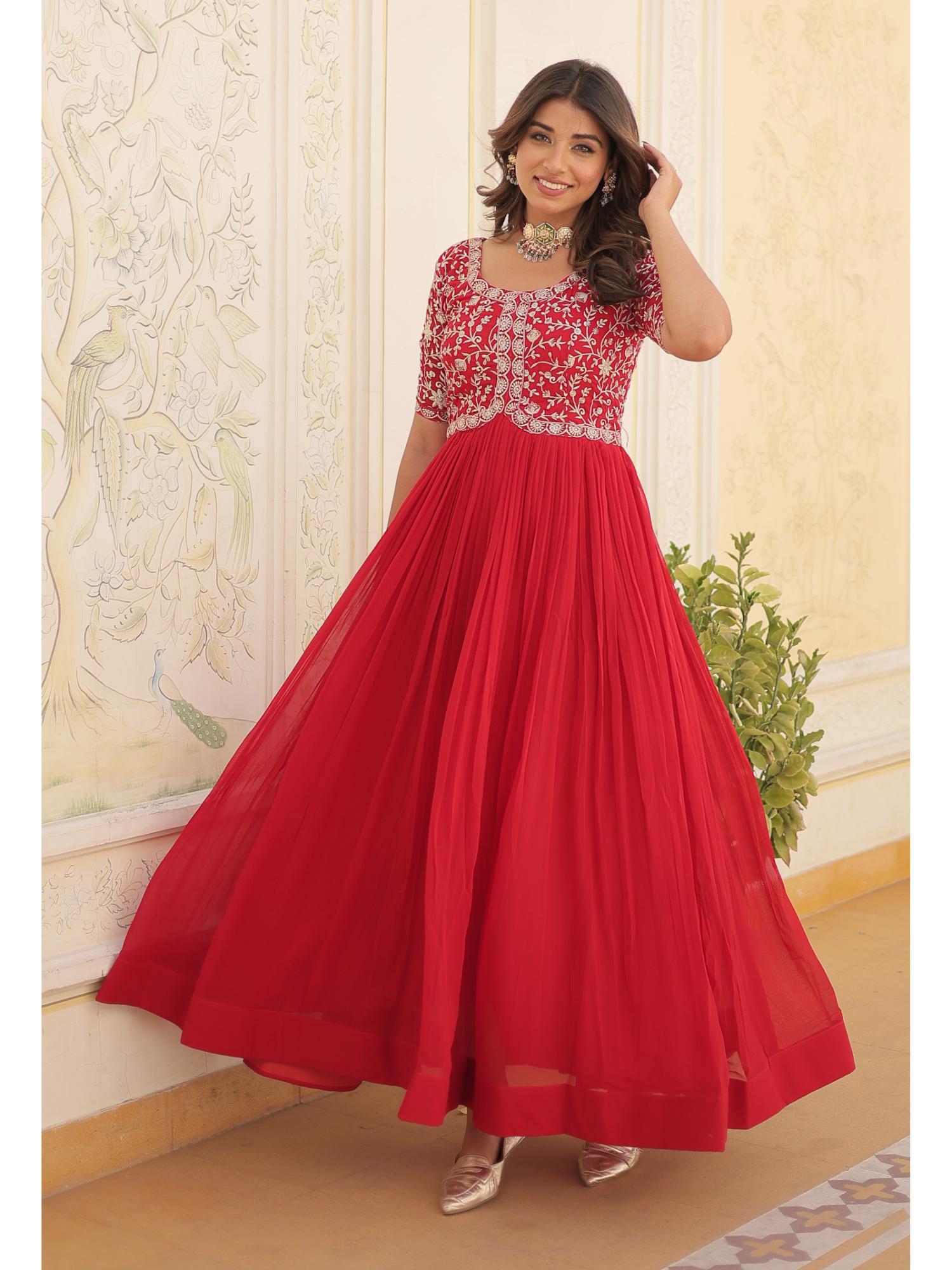wedani Red Embroidered Georgette Anarkali Gown with Short Sleeves-picture-28