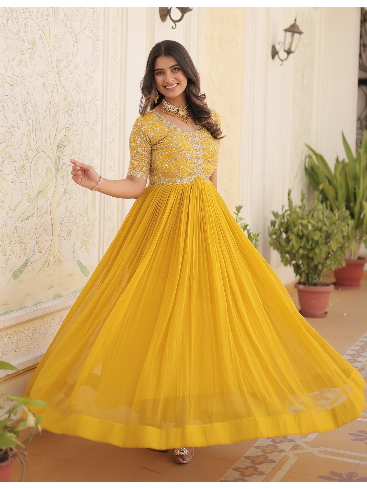 wedani Yellow Embroidered Georgette Anarkali Gown with Short Sleeves-picture-25