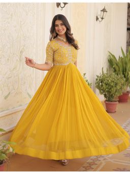 Wedani - Yellow Embroidered Georgette Anarkali Gown with Short Sleeves
