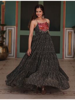 Wedani - Stylish Black Ethnic Printed Long Dress with Embroidered Patch