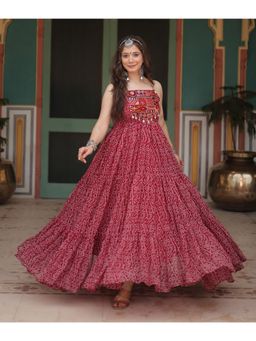 Wedani - Stylish Maroon Ethnic Printed Long Dress with Embroidered Patch