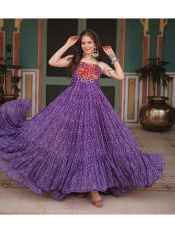 Wedani - Stylish Purple Ethnic Printed Long Dress with Embroidered Patch