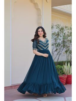 Wedani - Teal Embroidered V-Neck Anarkali Maxi Gown