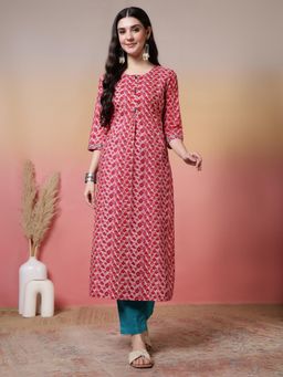 Jaipur Kurti - Floral Printed Straight Pure Cotton Kurta - Pink