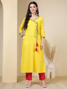 Jaipur Kurti - Floral Embroidered A-Line Pure Cotton Kurta - Yellow