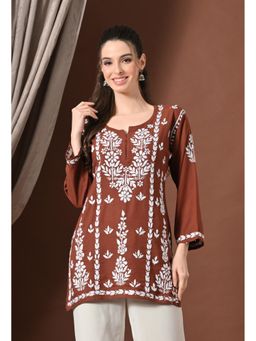 SYRISH - Lucknowi Chikankari Tunic in Rayon and White Floral Embroidery