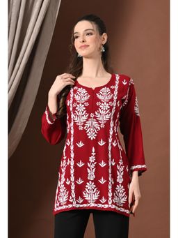 SYRISH - Lucknowi Chikankari Tunic in Rayon - Maroon - Maroon