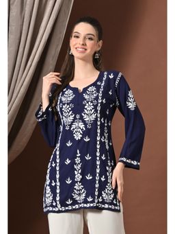 SYRISH - Lucknowi Chikankari Tunic in Rayon - Navy Blue