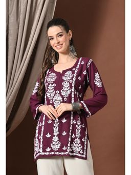 SYRISH - Lucknowi Chikankari Tunic in Rayon - Wine