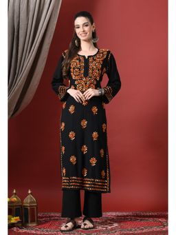 SYRISH - Black and Orange work Handcrafted Chikankari Kurta