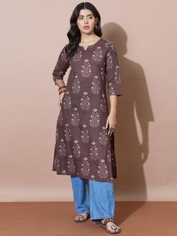 Varanga - Classic Round Neck Brown Printed Kurta - Brown