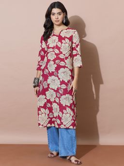 Varanga - Casual Chic Large Floral Print Kurta - Burgundy