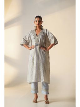 Keva Clothing - Phoebe Blue Cotton Zari Work Embroidered Co-Ord (Set of 3)