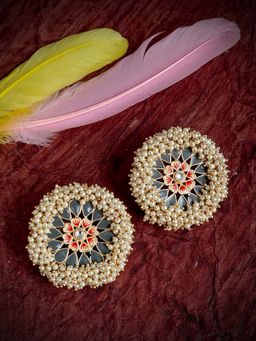 Laida - Gold-Plated & Grey Enamelled Pearl Studded Circular Studs