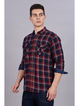 KUONS AVENUE - Mens Red Cotton Flannel Double Pocket Checks Shirt