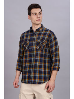 KUONS AVENUE - Mens Mustard Cotton Flannel Double Pocket Checks Shirt