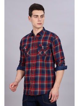 KUONS AVENUE - Mens Red Cotton Flannel Double Pocket Checks Shirt