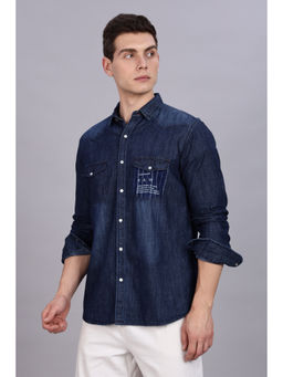 KUONS AVENUE - Mens Navy Blue Denim Double Pocket Casual Shirt