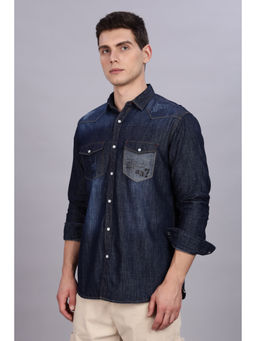 KUONS AVENUE - Mens Blue Denim Double Pocket Snap Button Shirt