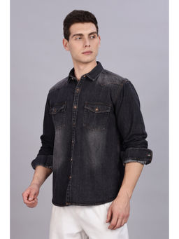 KUONS AVENUE - Mens Black Denim Casual Double Pocket Shirt