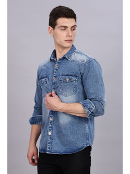 KUONS AVENUE - Mens Blue Denim Metal Button Casual Shirt