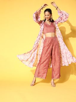 Ziyaa - Womens Rose Georgette Straight Top and Palazzo (Set of 3)