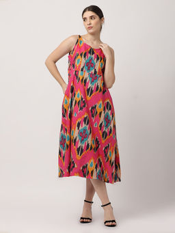 Black & Blah Blah - Relaxed Fit Ikat Printed A-Line Pure Cotton Midi Dress