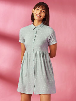 The Souled Store - Grey Polka Dot Graphic Printed Grey Gathered Shirt Dresses