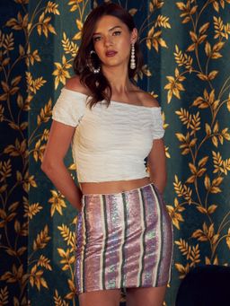 AAREIN - Women Off-Shoulder Smocked Bardot White Crop Top