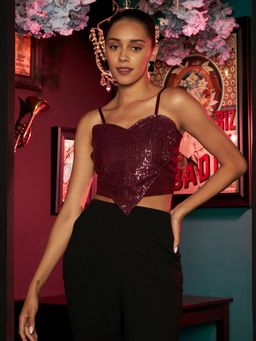 AAREIN - Women Maroon Embellished Crop Top