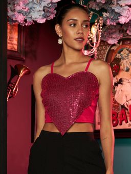 AAREIN - Women Self Design Sequined Pink Crop Top