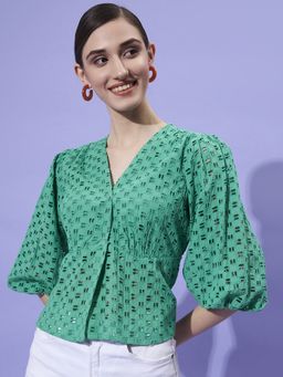AAREIN - V-Neck Puff Sleeves Schiffli Empire Green Top