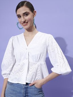 AAREIN - V-Neck Puff Sleeves Schiffli Empire White Top