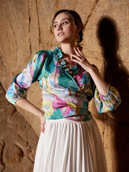 AAREIN - Conversational Printed V- Neck Ruffles Wrap Top