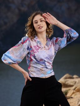 AAREIN - V-Neck Abstract Printed Ruffles Wrap Multi-Color Crop Top