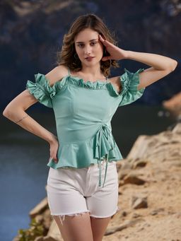 AAREIN - Cold-Shoulder Frill Tie-Up Fitted Green Top