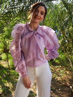 AAREIN - Lavender Tie-Up Neck Puff Sleeves Power Shoulders Scuba Top